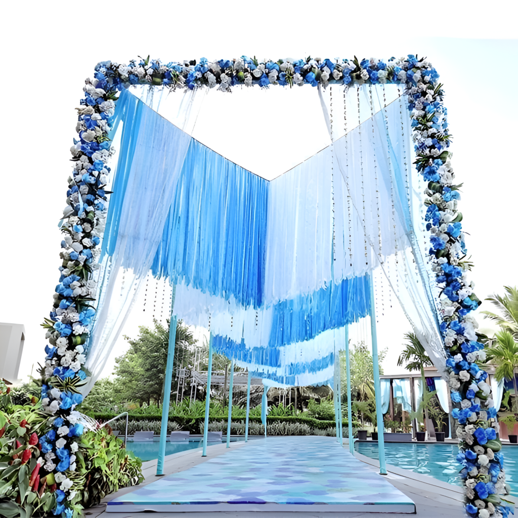 Elegant wedding decoration with floral arrangements, ambient lighting, and personalized details creating a magical celebration atmosphere