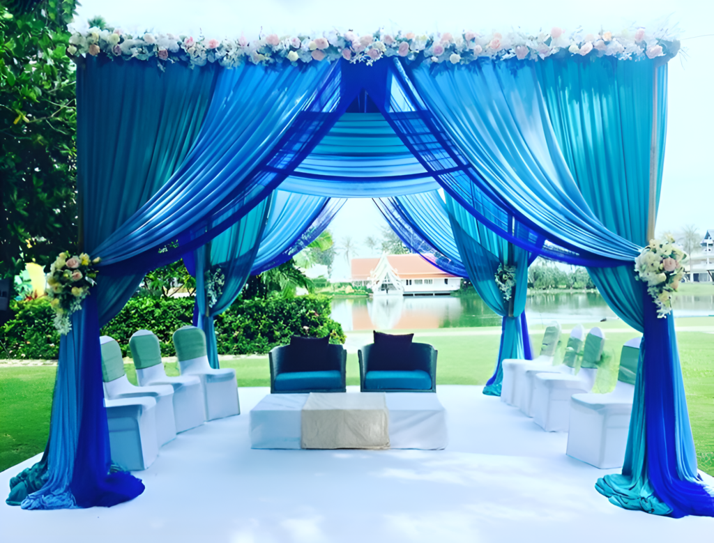 Elegant wedding decoration with floral arrangements, ambient lighting, and personalized details creating a magical celebration atmosphere