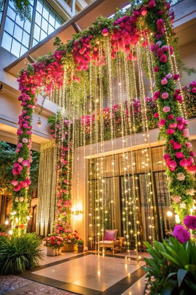 Elegant wedding décor setup with lush florals, draped fabrics, artistic lighting, and timeless details to transform a couple’s big day.