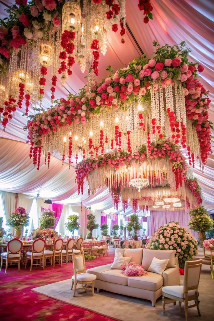 Elegant wedding décor setup with lush florals, draped fabrics, artistic lighting, and timeless details to transform a couple’s big day.