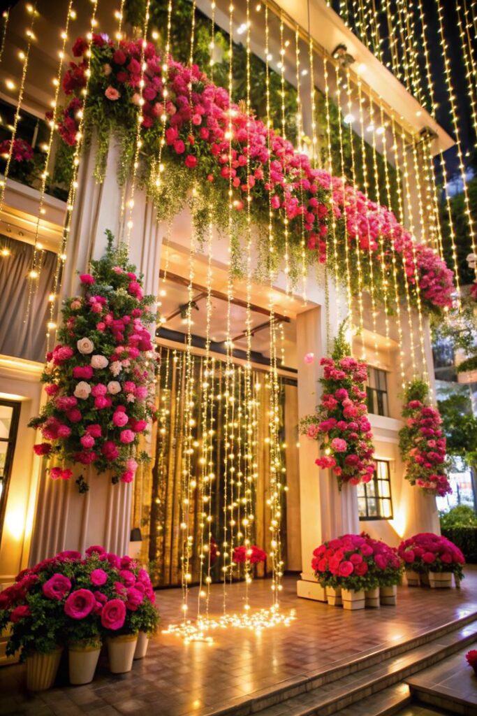 Elegant wedding décor setup with lush florals, draped fabrics, artistic lighting, and timeless details to transform a couple’s big day.