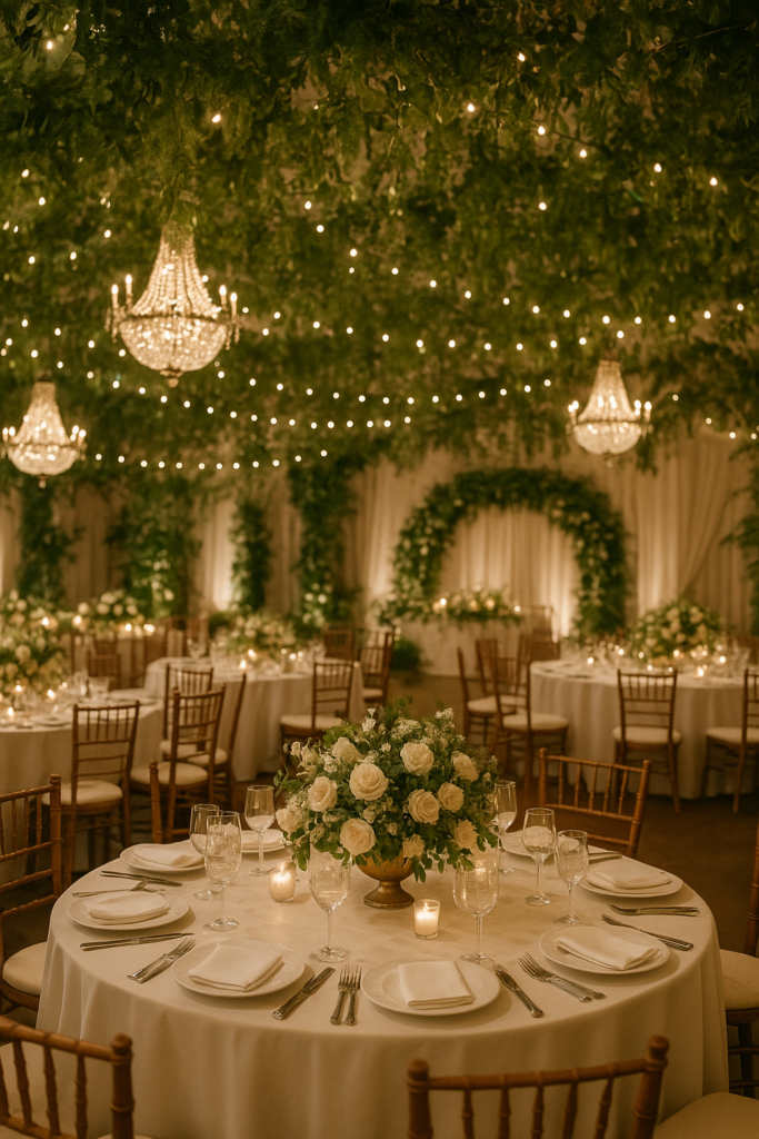 Elegant Wedding Decorations that are budget-friendly yet luxurious, featuring floral arrangements, lighting, and stylish venue details.