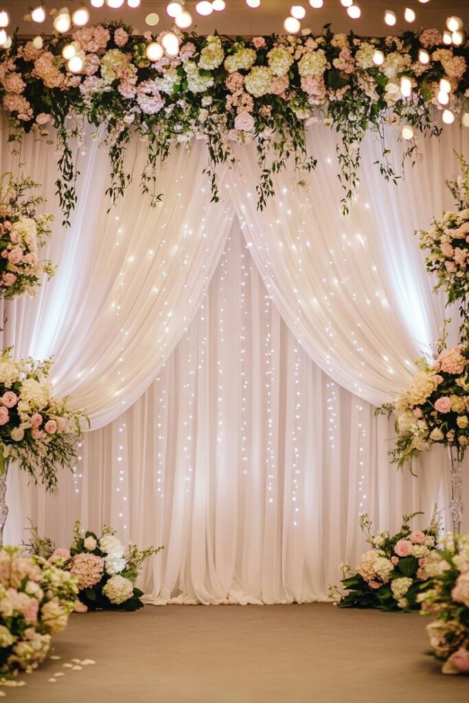 Elegant Indian Wedding Decoration with chandeliers, lush greenery, floral arrangements, and soft lighting creating a luxurious modern ambiance.