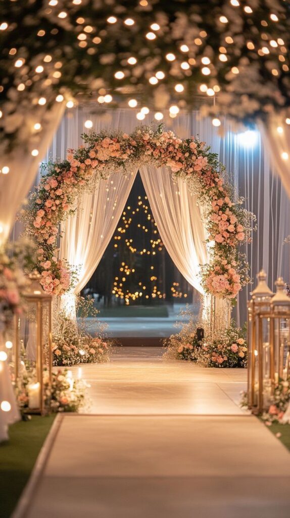 Elegant Indian Wedding Decoration with chandeliers, lush greenery, floral arrangements, and soft lighting creating a luxurious modern ambiance.