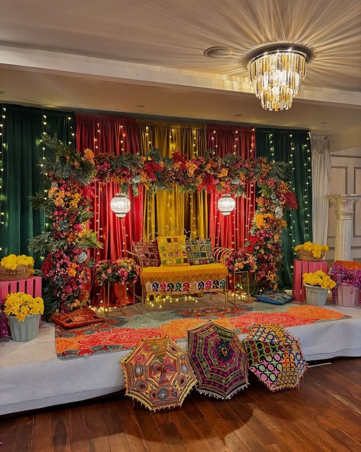 Traditional Haldi and Mehndi ceremony décor with vibrant flowers, turmeric rituals, and intricate henna designs creating a joyful pre-wedding celebration.
